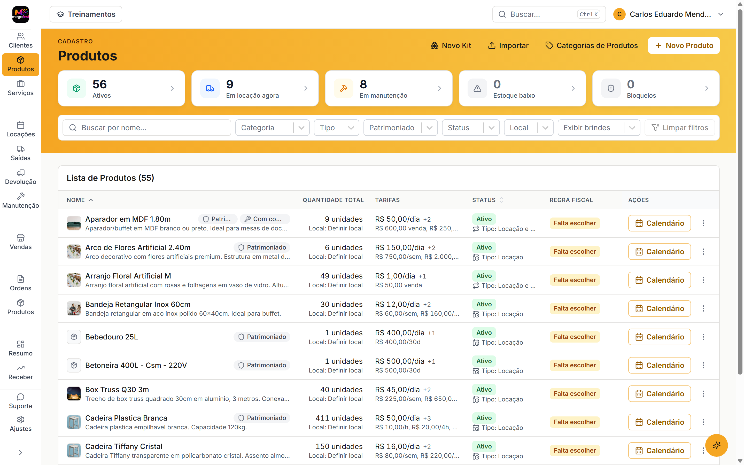 Catálogo de equipamentos com quantidades e situação de disponibilidade no LocaFacil.