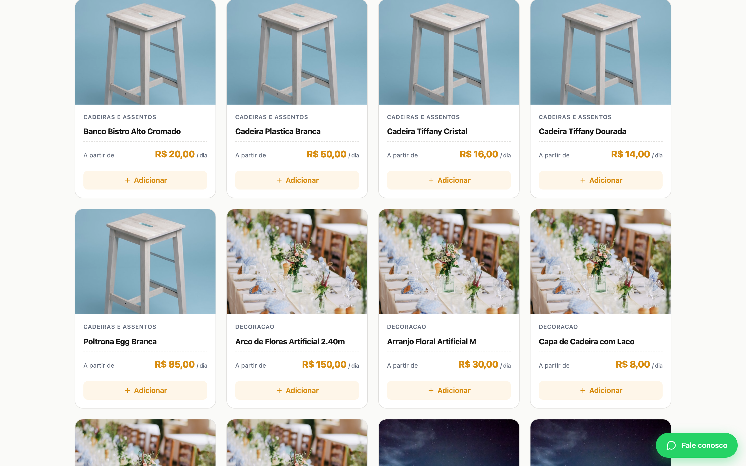 Grid do catálogo público da MegaFest com cadeiras, poltronas e decoração — cada item com preço por dia