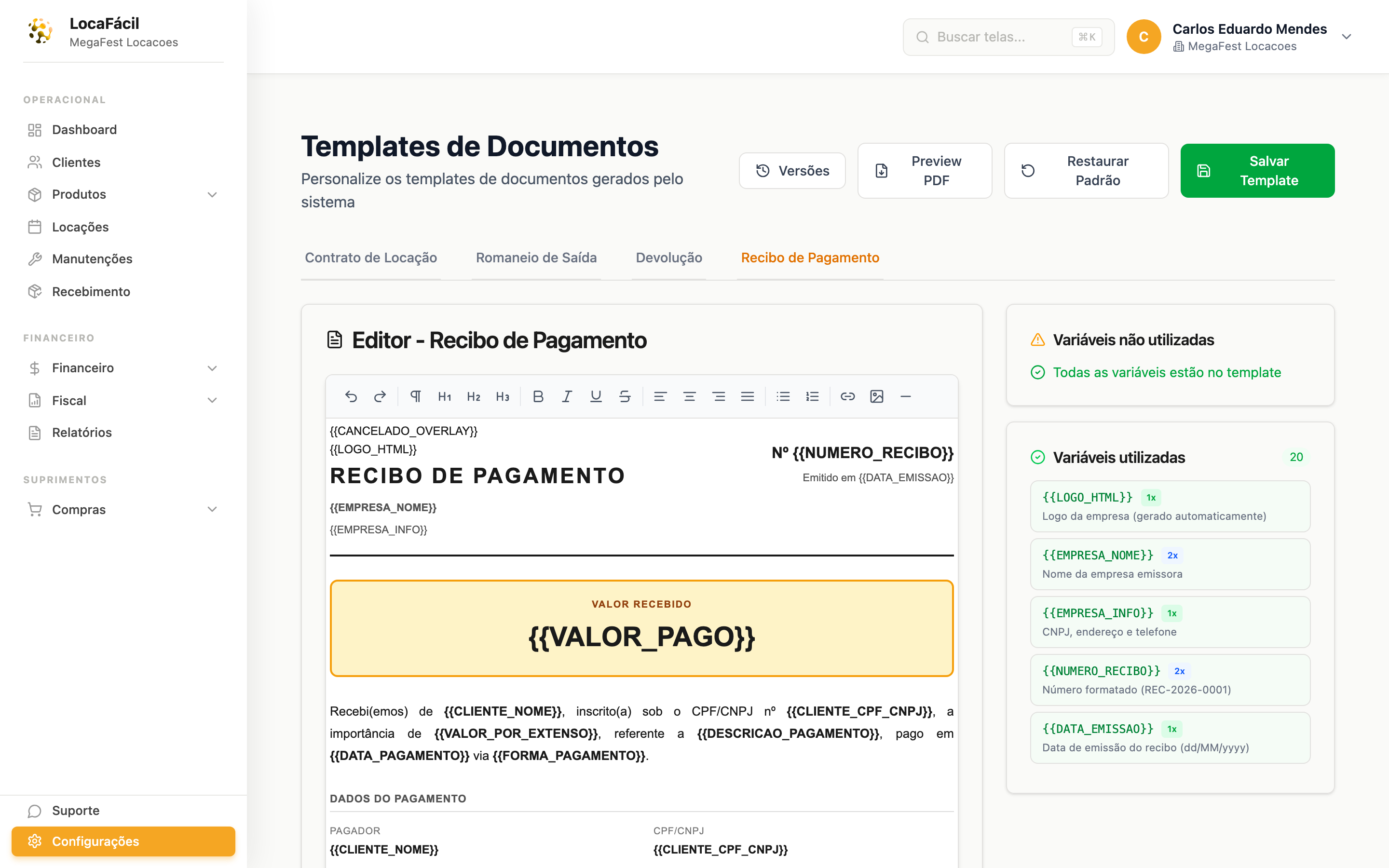 Editor de Recibo de Pagamento no LocaFacil com variáveis dinâmicas que o sistema substitui automaticamente