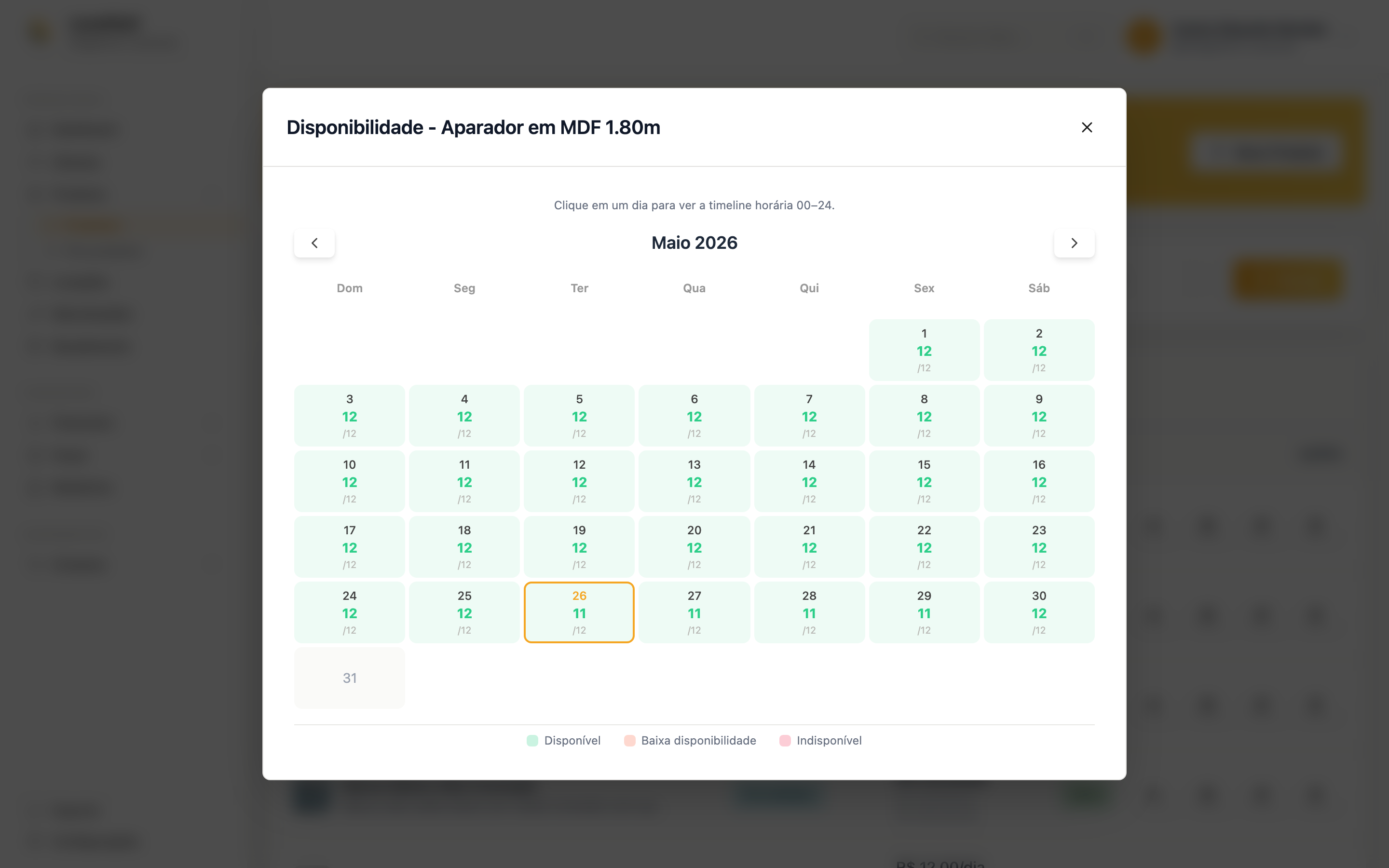 Modal Disponibilidade do Aparador em MDF 1.80m mostrando calendário do mês com 12/12 unidades disponíveis por dia
