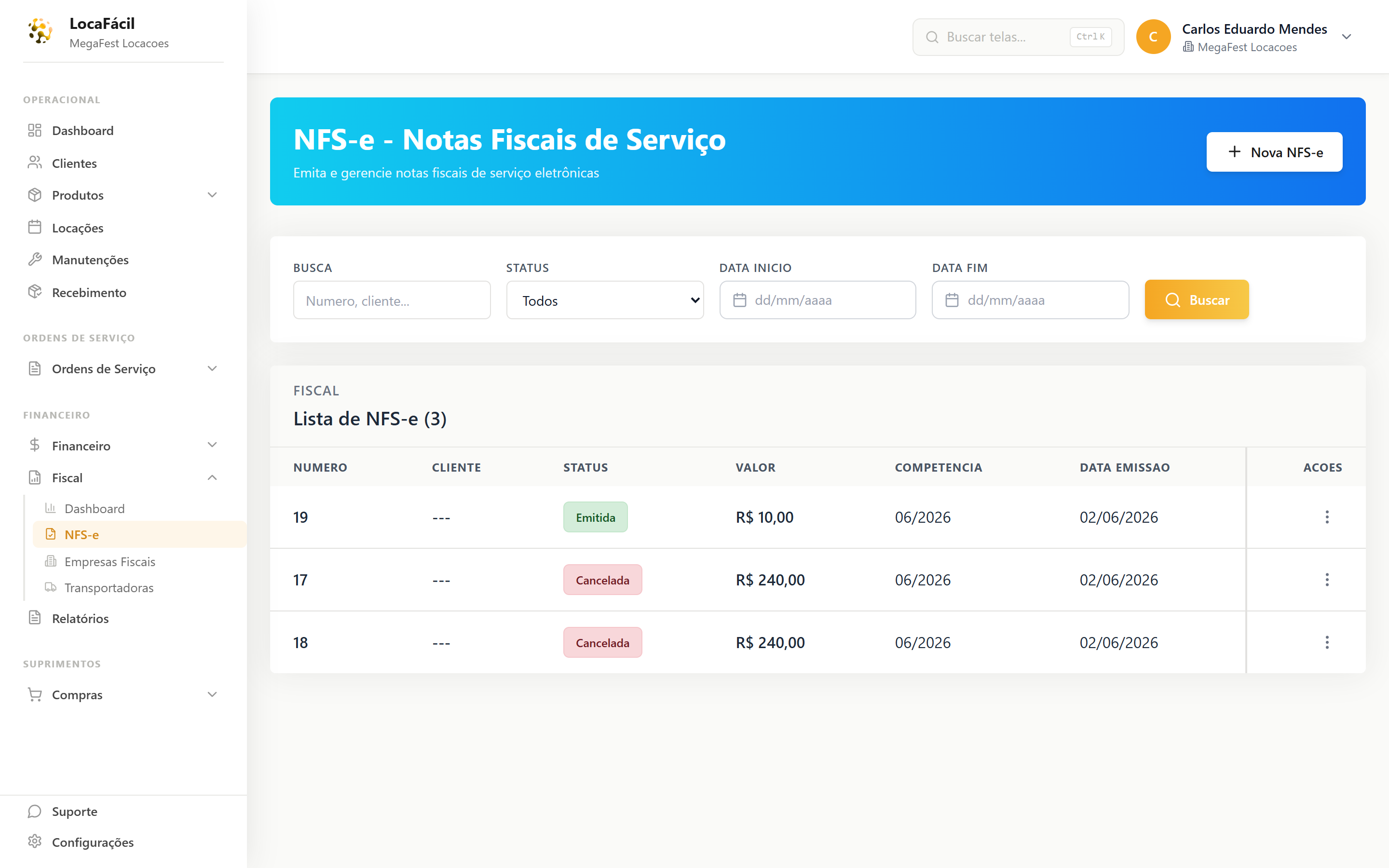 Lista de NFS-e do LocaFacil mostrando a nota número 19 com status Emitida, valor R$ 10,00 e competência 06/2026