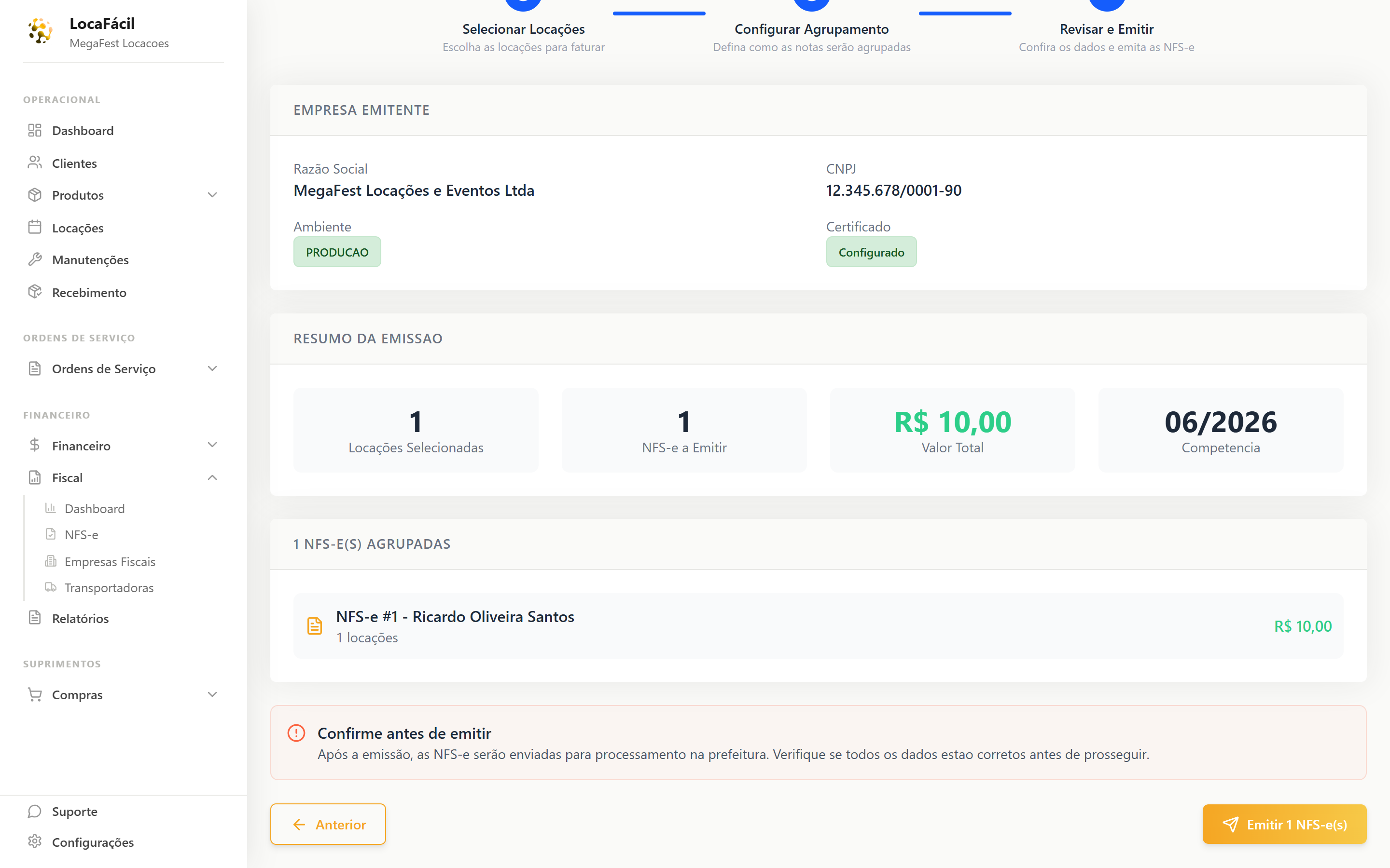 Passo de revisão do assistente de emissão de NFS-e: empresa emitente, resumo da emissão com valor e competência, lista de notas a emitir e botão Emitir