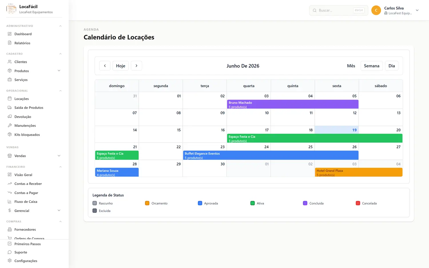 Calendário de disponibilidade das locações