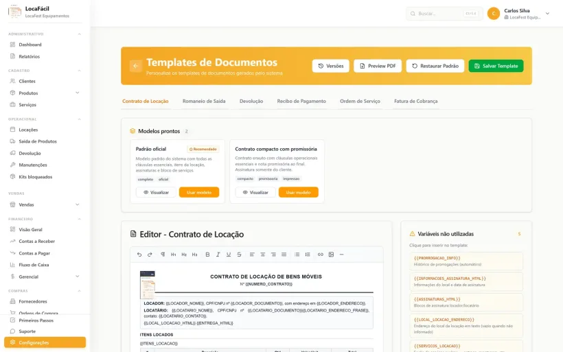 Editor de contratos conectado à locação no LocaFácil