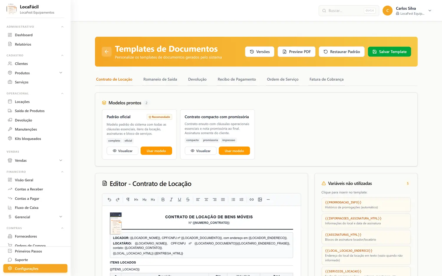 Editor de template de contrato